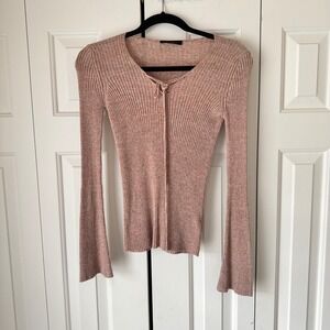 Roberto Collina Pink Ribbed Knit Lace Up V-Neck Bell Sleeve Top Made in Italy